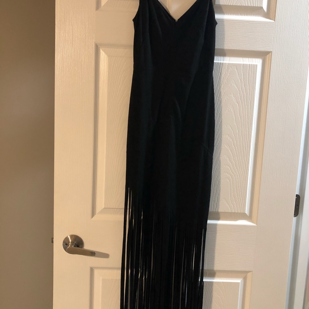 Black velvet maxi gown with flapper style fringe